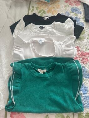 Moa Moa Emerald Green Ruffle Sleeve Knit Top  2 white none black comfy tops